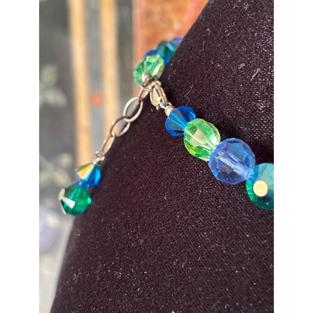 Sterling Silver AB Crystal Necklace Blue & Green Faceted Brilliant Beads Vintage - Picture 2 of 9